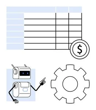 Robot Analyzing Financial Data with Gear Symbolizing Automation and Efficie.. Stock Illustration