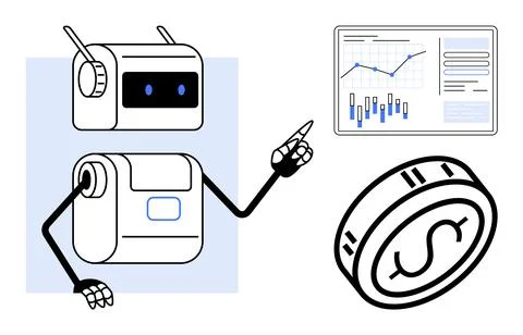 Robot Analyzing Financial Data on Graph with Large Dollar Coin Nearby Stock Illustration