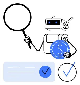 Robot Analyzing Financial Data with Magnifying Glass and Dollar Coin Symbols Stock Illustration