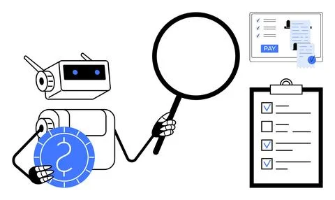 Robot analyzing financial documents with magnifying glass and checklist, re.. Stock Illustration