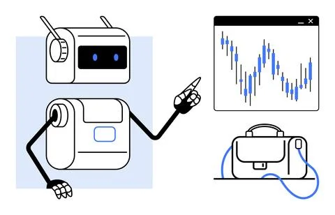 Robot analyzing financial graph, pointing at chart with blue and black lines. 스톡 일러스트