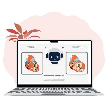 Robot analyzing heart illustrations on laptop screen, minimalistic medical .. Illustrazione stock