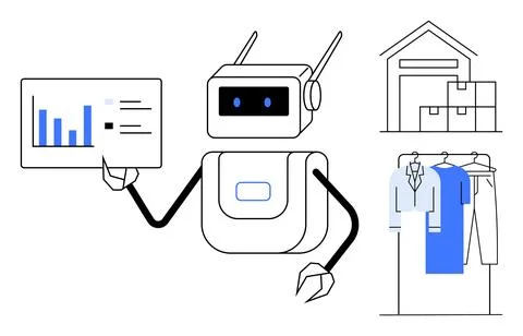 Robot Analyzing Inventory Data in Warehouse with Clothing Storage System Stock Illustration