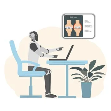 Robot analyzing medical data on laptop with AI healthcare concept background Stock Illustration