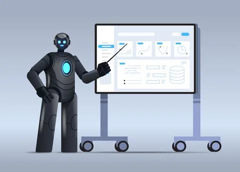 Robot analyzing statistics financial data robotic character making presentation Stock Illustration
