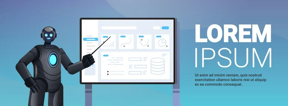 Robot analyzing statistics financial data robotic character making presentation Stock Illustration