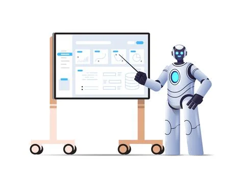 Robot analyzing statistics financial data robotic character making presentation Illustrazione stock