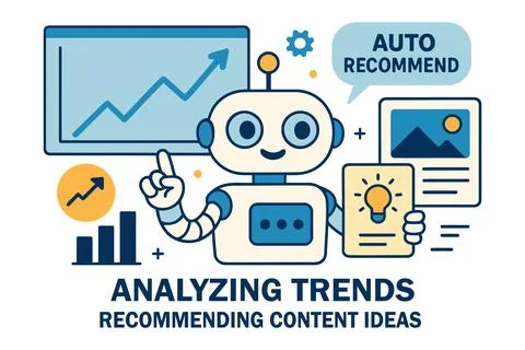 Robot analyzing trends and recommending content ideas with data visualization Stock Illustration