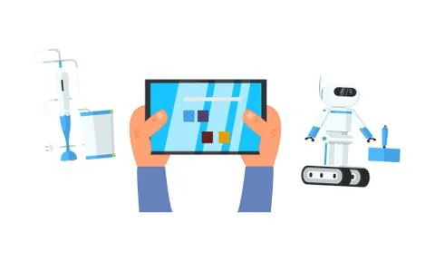 Robot and blender controlled via tablet with remote control app, vector Stock Illustration