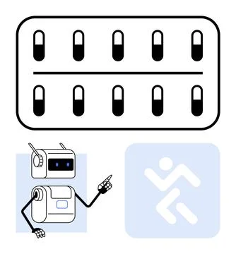 Robot and Capsule Blister Pack with Directional Arrow in Modern Design Stock Illustration