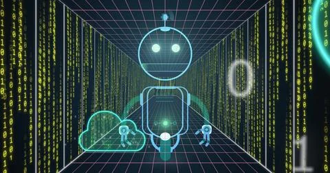 Robot and cloud computing image over digital data tunnel background 库存照片