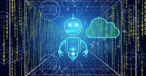 Robot and cloud computing image over digital data processing background 写真素材