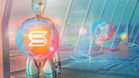 Robot and cryptocurrency panel with infographics, 3D render Ilustração Stock