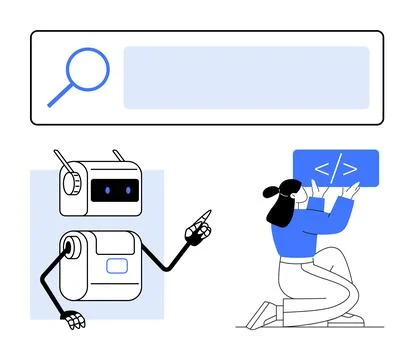 Robot and Developer Collaborating with Search Optimization and Coding Stock Illustration