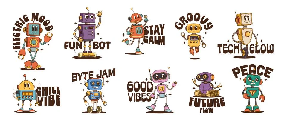 Robot and droid characters y2k groovy stickers Stock Illustration