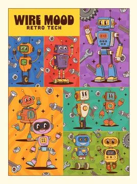 Robot and droid groovy characters collage poster Illustrazione stock