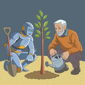 Robot and elderly man planting tree, concept illustration Stock Illustration
