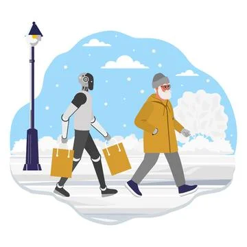 Robot and elderly man walking in winter park, carrying shopping bags, snowy.. Stock Illustration