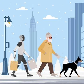 Robot and elderly man walking dog in snowy cityscape, winter urban scene wi.. Stock Illustration