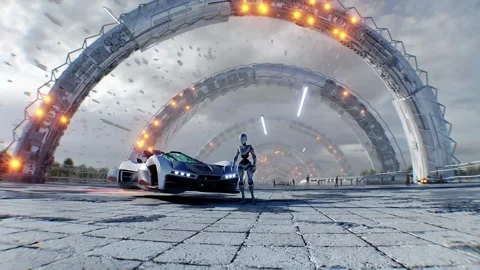 A robot and futuristic city. Sci fi architecture and buildings. Future concept.  Stock Footage 328551464