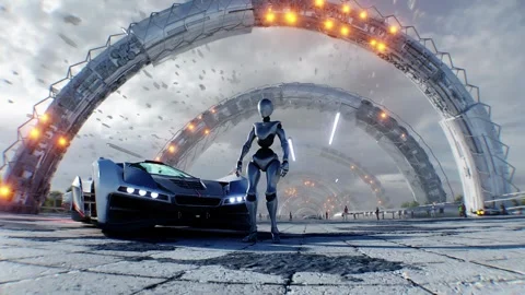 A robot and futuristic city. Sci fi architecture and buildings. Future concept.  Stock Footage 328551478