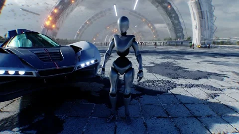 A robot and futuristic city. Sci fi architecture and buildings. Future concept.  Stock Footage 328551499