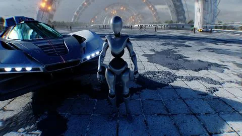 A robot and futuristic city. Sci fi architecture and buildings. Future concept Ilustración de archivo