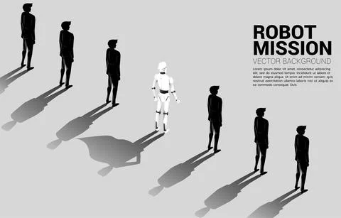 Robot and his shadow of superhero in the human row. concept of artificial int 스톡 일러스트