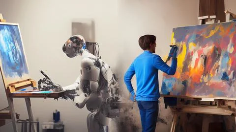 Robot and human artists next to easel painting and working Stock Illustration