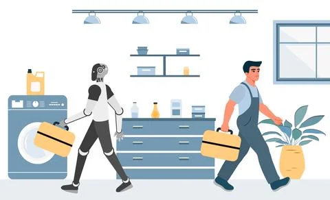 Robot and human carrying toolboxes in laundry room showcasing collaboration.. Stock Illustration