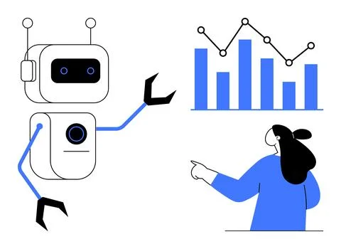 Robot and Human Collaboration Analyzing Data and Graphs Stock Illustration