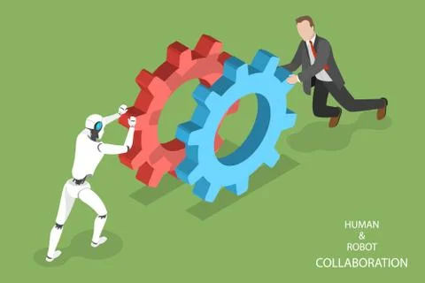 Robot and human collaboration isometric vector. Stock Illustration
