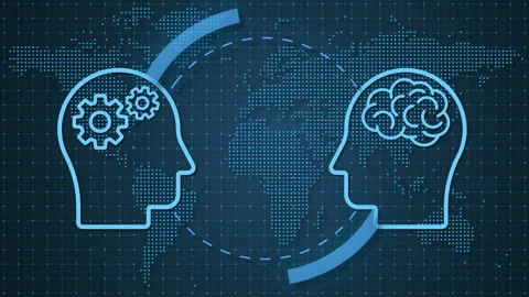 Robot and human, communication and retro alimentation on digital world map. Video stock 247991075