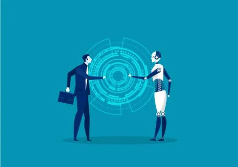 Robot and human cooperation on blue background concept, Stock Illustration