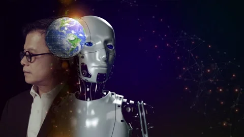 Robot and human with earth global on futuristic vitual background. Stock Footage 240735442