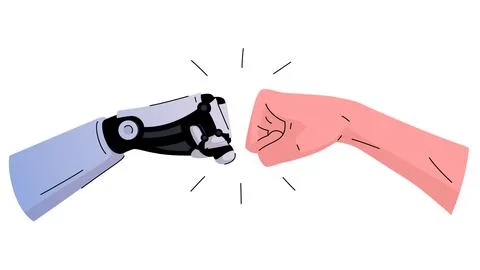 A robot and a human extend their fists to each other in a greeting gesture Stock Illustration