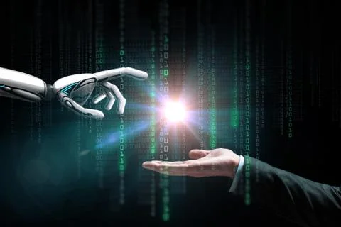 Robot and human hand flash light and binary code Stockfoto's