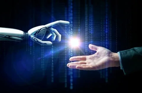 Robot and human hand flash light and binary code 스톡 사진