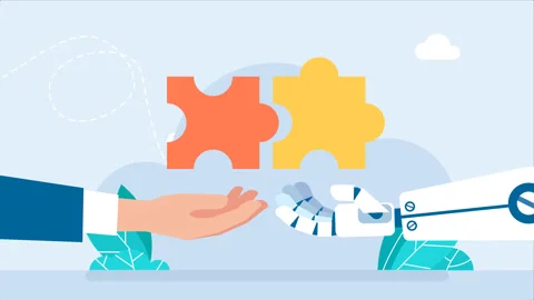 Robot and human hand holding puzzle. Robot and Businessman hands with a puzzle. Stock Footage 256287572
