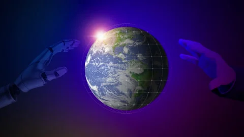 Robot and human hand show virtual earth hologram with connected network. Stock Footage 238661903