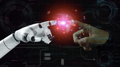 Robot and human hand show virtual earth hologram with connected network. Stock Footage 266957680