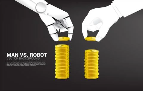 Robot and human hand stack the coin. concept of business disruption and A.I.  Stock Illustration