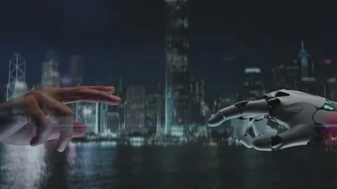 Robot and human hand touching against the backdrop of the night city. Fusion of Stock Footage 169478346