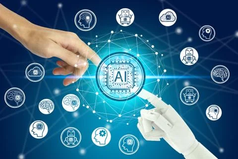 Robot and human hand touching virtual screen Artificial Intelligence technolo Stock Photos