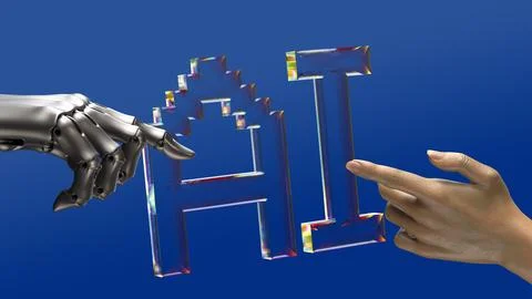 Robot and human hands are touching AI transparent letters 스톡 일러스트
