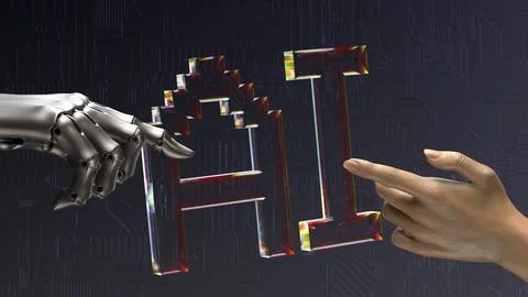 Robot and human hands are touching AI transparent letters 스톡 일러스트