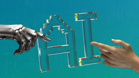 Robot and human hands are touching AI transparent letters 스톡 일러스트