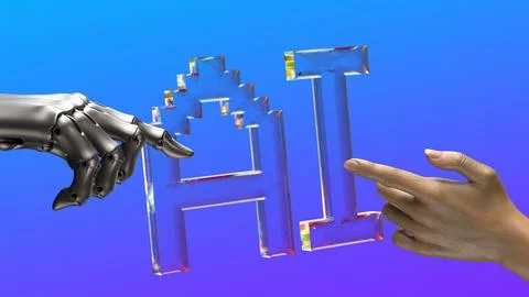 Robot and human hands are touching AI transparent letters 스톡 일러스트