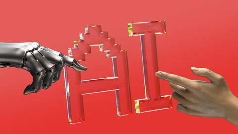 Robot and human hands are touching AI transparent letters 스톡 일러스트