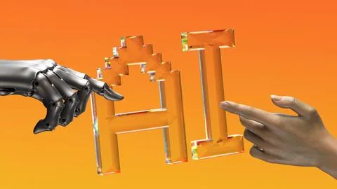 Robot and human hands are touching AI transparent letters 스톡 일러스트